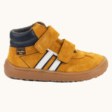 Side of Froddo’s Barefoot Kids F-Motion TEX Shoes in mustard showing the navy padded ankle, white stripes design and brown rubber sole