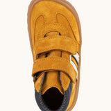 Top of Froddo’s Barefoot Kids F-Motion TEX Shoes in mustard showing the two Velcro straps fastened and navy padded ankle 