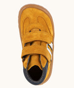 Top of Froddo’s Barefoot Kids F-Motion TEX Shoes in mustard showing the two Velcro straps fastened and navy padded ankle 