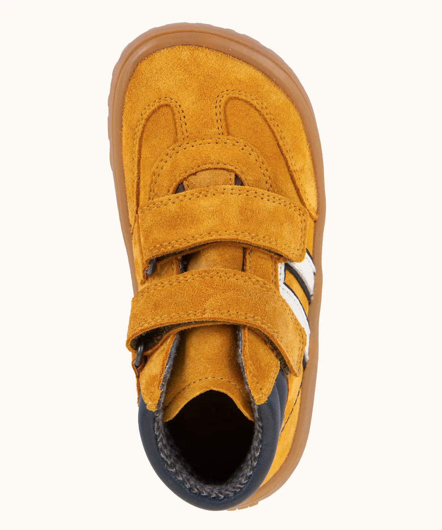 Top of Froddo’s Barefoot Kids F-Motion TEX Shoes in mustard showing the two Velcro straps fastened and navy padded ankle 