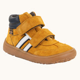 Froddo’s Barefoot Kids F-Motion TEX suede shoes in mustard. Features a navy padded ankle, two Velcro straps, white side stripe and brown rubber sole