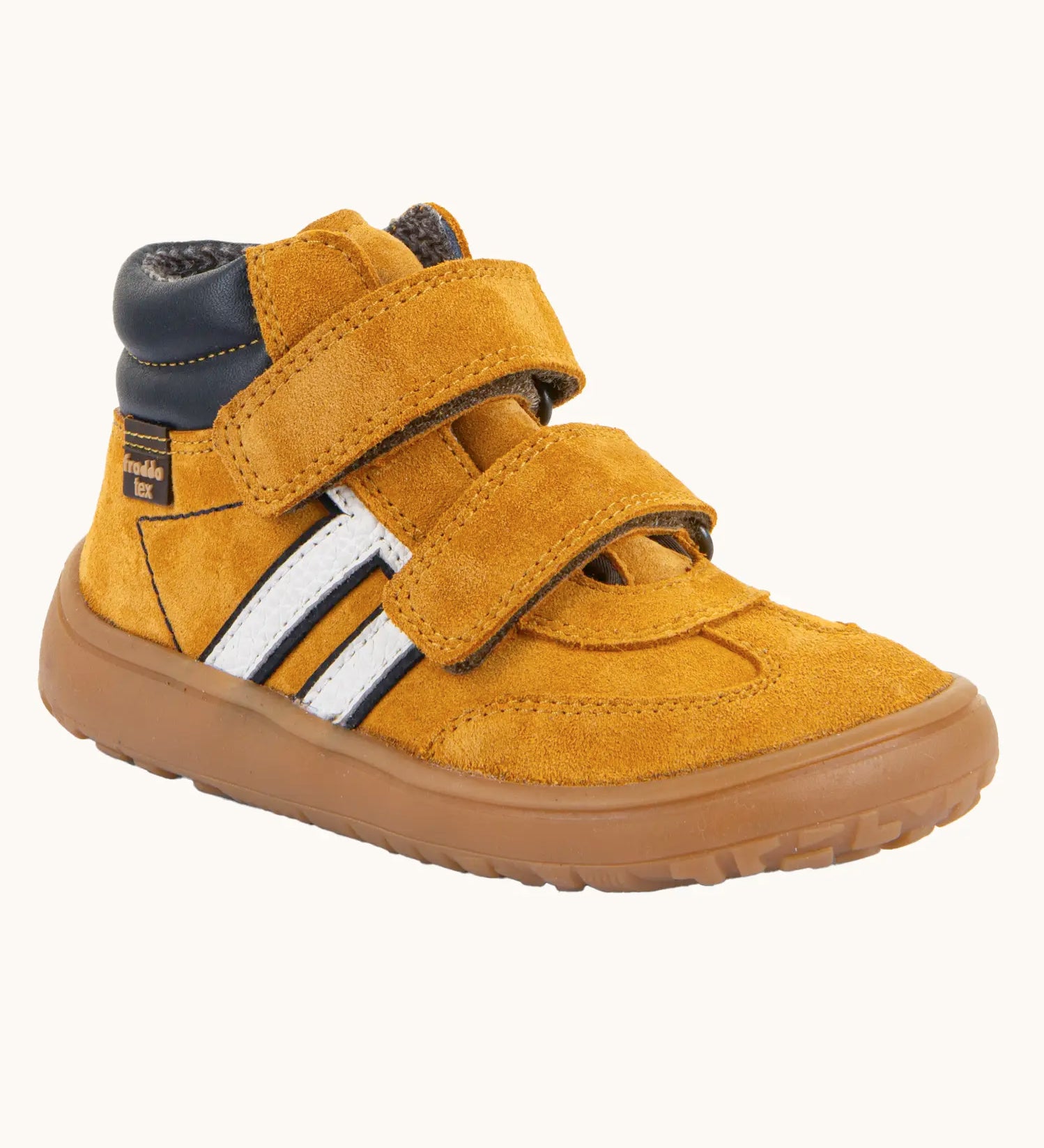 Froddo’s Barefoot Kids F-Motion TEX suede shoes in mustard. Features a navy padded ankle, two Velcro straps, white side stripe and brown rubber sole