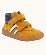 Froddo’s Barefoot Kids F-Motion TEX suede shoes in mustard. Features a navy padded ankle, two Velcro straps, white side stripe and brown rubber sole