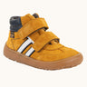 Froddo’s Barefoot Kids F-Motion TEX suede shoes in mustard. Features a navy padded ankle, two Velcro straps, white side stripe and brown rubber sole