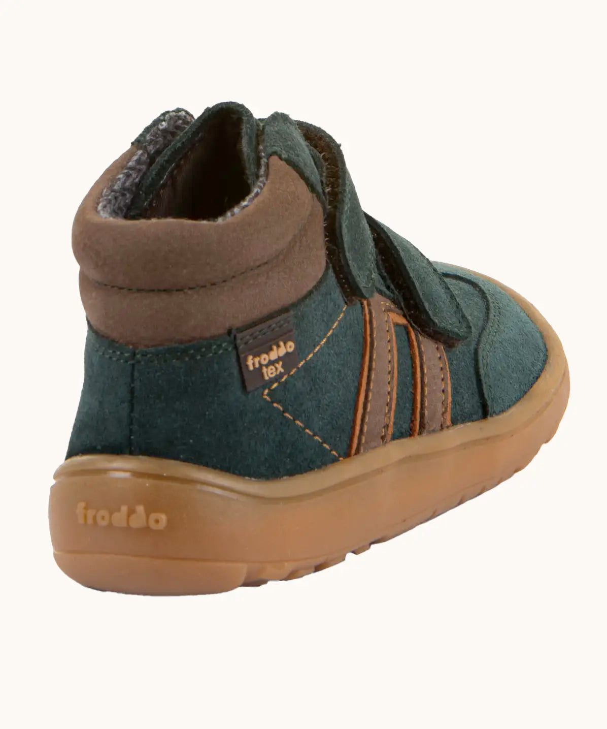 Back of Froddo’s Barefoot Kids F-Motion TEX suede shoes in dark green showing  the brown padded ankle, matching side stripes and brown rubber sole