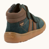 Back of Froddo’s Barefoot Kids F-Motion TEX suede shoes in dark green showing  the brown padded ankle, matching side stripes and brown rubber sole