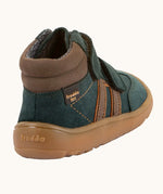 Back of Froddo’s Barefoot Kids F-Motion TEX suede shoes in dark green showing  the brown padded ankle, matching side stripes and brown rubber sole