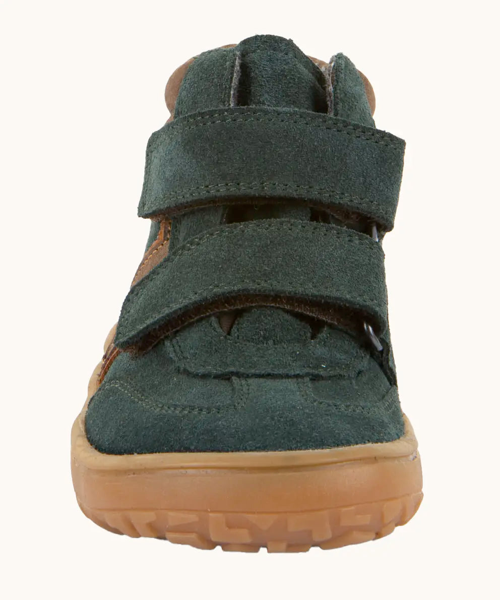Front of Froddo’s Barefoot Kids F-Motion TEX water repellent suede shoes in dark green showing the 2 velcro straps fully fastened