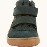 Front of Froddo’s Barefoot Kids F-Motion TEX water repellent suede shoes in dark green showing the 2 velcro straps fully fastened