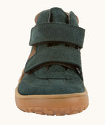Front of Froddo’s Barefoot Kids F-Motion TEX water repellent suede shoes in dark green showing the 2 velcro straps fully fastened