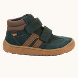 Side of Froddo’s Barefoot Kids F-Motion TEX Shoes in dark green showing the brown padded ankle matching stripes design and brown rubber sole
