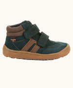 Side of Froddo’s Barefoot Kids F-Motion TEX Shoes in dark green showing the brown padded ankle matching stripes design and brown rubber sole