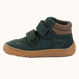Side of Froddo’s Barefoot Kids F-Motion TEX  suede shoes in dark green showing the two Velcro straps looped trough the eyelets