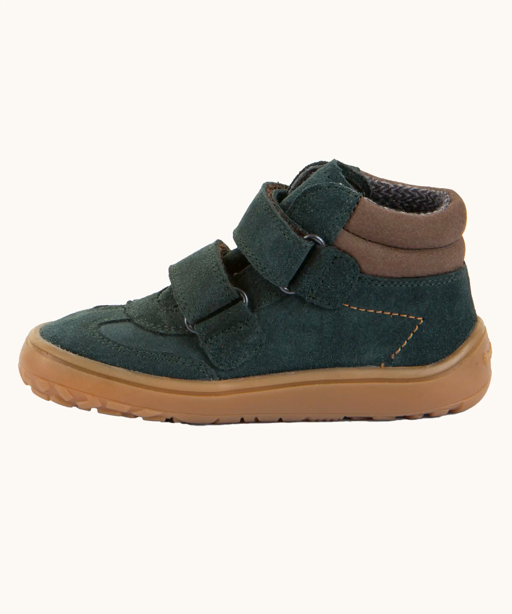 Side of Froddo’s Barefoot Kids F-Motion TEX  suede shoes in dark green showing the two Velcro straps looped trough the eyelets