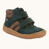 Froddo’s Barefoot Kids F-Motion TEX suede shoes in dark green. Features a brown padded ankle, two Velcro straps, white side stripe and brown rubber sole