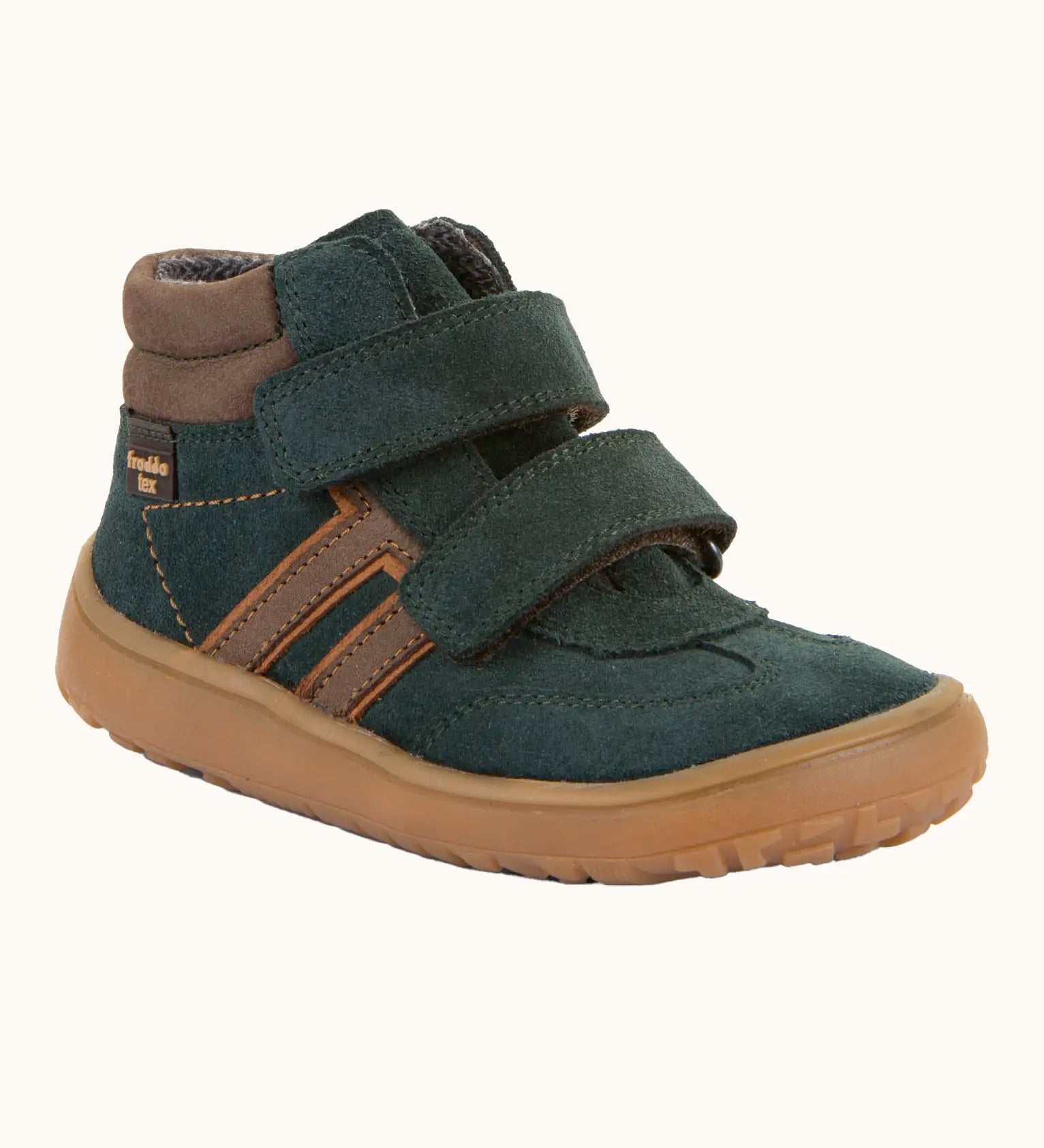 Froddo’s Barefoot Kids F-Motion TEX suede shoes in dark green. Features a brown padded ankle, two Velcro straps, white side stripe and brown rubber sole