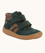 Froddo’s Barefoot Kids F-Motion TEX suede shoes in dark green. Features a brown padded ankle, two Velcro straps, white side stripe and brown rubber sole