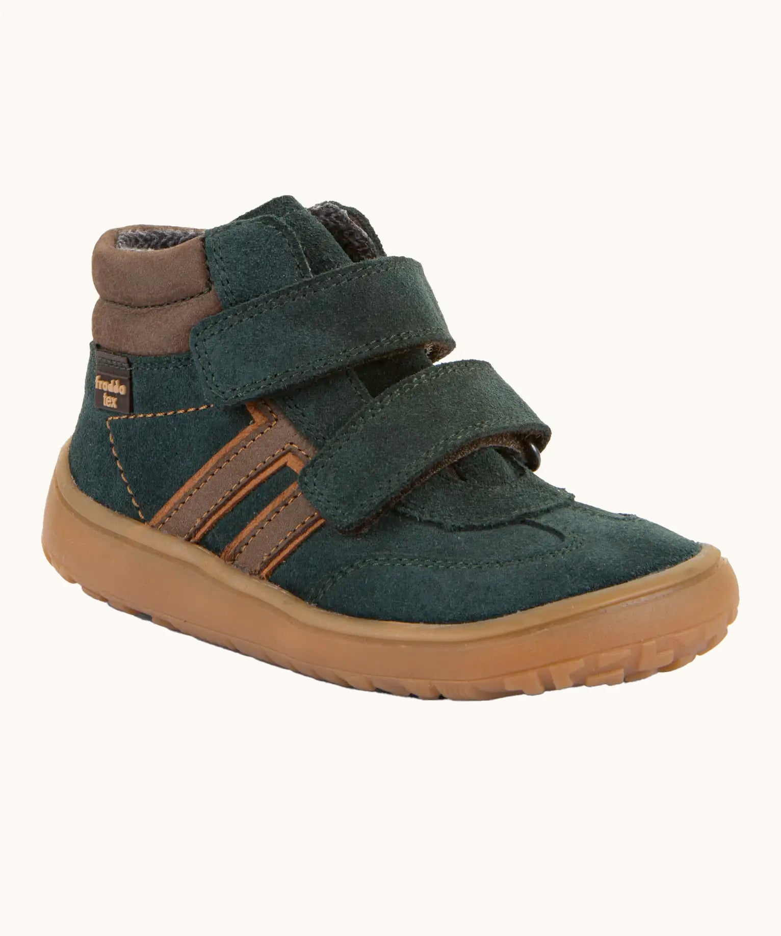 Froddo’s Barefoot Kids F-Motion TEX suede shoes in dark green. Features a brown padded ankle, two Velcro straps, white side stripe and brown rubber sole