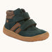 Froddo’s Barefoot Kids F-Motion TEX suede shoes in dark green. Features a brown padded ankle, two Velcro straps, white side stripe and brown rubber sole