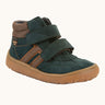 Froddo’s Barefoot Kids F-Motion TEX suede shoes in dark green. Features a brown padded ankle, two Velcro straps, white side stripe and brown rubber sole