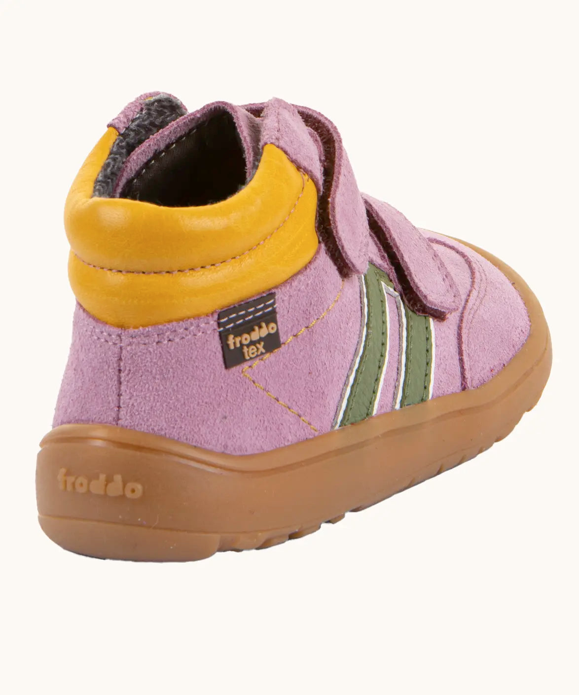 Back of Froddo’s Barefoot Kids F-Motion TEX suede shoes in pink showing the yellow padded ankle green side stripe and brown rubber sole