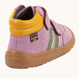 Back of Froddo’s Barefoot Kids F-Motion TEX suede shoes in pink showing the yellow padded ankle green side stripe and brown rubber sole
