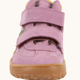 Front of Froddo’s Barefoot Kids F-Motion TEX water repellent suede shoes in pink showing the 2 velcro straps fully fastened
