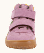 Front of Froddo’s Barefoot Kids F-Motion TEX water repellent suede shoes in pink showing the 2 velcro straps fully fastened