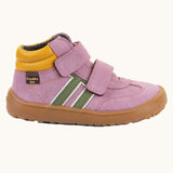 Side of Froddo’s Barefoot Kids F-Motion TEX suede shoes in pink showing the yellow padded ankle, green stripes design Boots around the ankle