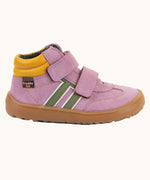 Side of Froddo’s Barefoot Kids F-Motion TEX suede shoes in pink showing the yellow padded ankle, green stripes design Boots around the ankle