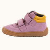 Side of Froddo’s Barefoot Kids F-Motion TEX suede hoes in mustard showing the two Velcro straps looped trough the eyelets. Boots around the ankle