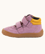 Side of Froddo’s Barefoot Kids F-Motion TEX suede hoes in mustard showing the two Velcro straps looped trough the eyelets. Boots around the ankle