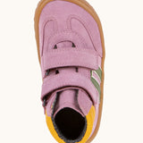 Top of Froddo’s Barefoot Kids F-Motion TEX Shoes in pink showing the two Velcro straps fastened and navy padded ankle 