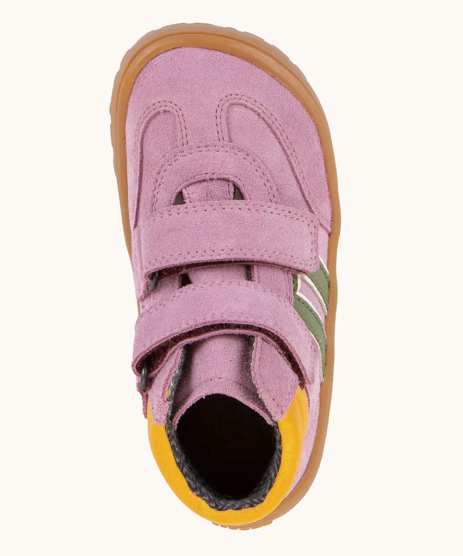 Top of Froddo’s Barefoot Kids F-Motion TEX Shoes in pink showing the two Velcro straps fastened and navy padded ankle 