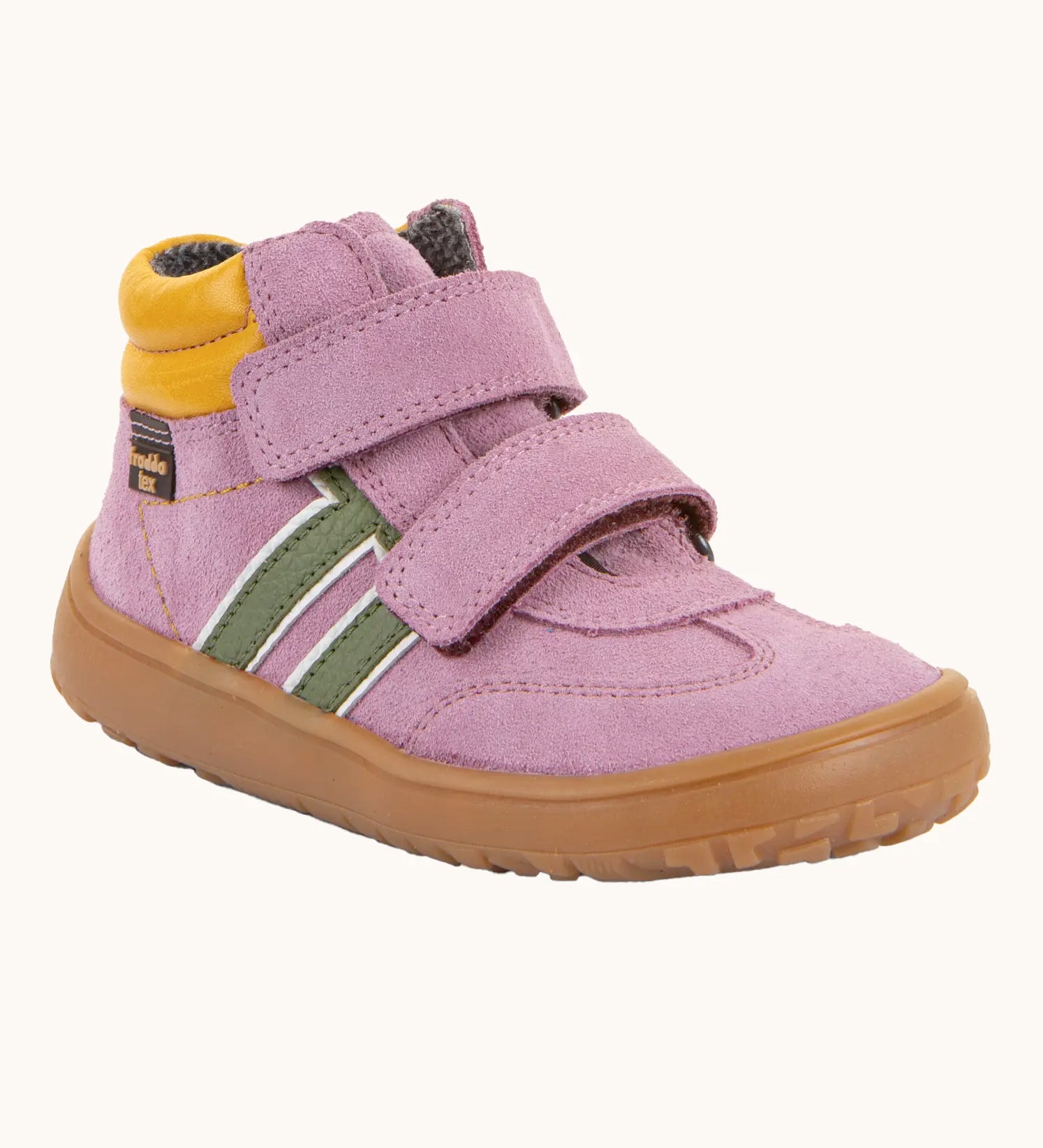 Froddo’s Barefoot Kids F-Motion TEX suede shoes in pink. Features a yellow padded ankle, two Velcro straps, green side stripes and brown rubber sole