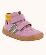 Froddo’s Barefoot Kids F-Motion TEX suede shoes in pink. Features a yellow padded ankle, two Velcro straps, green side stripes and brown rubber sole
