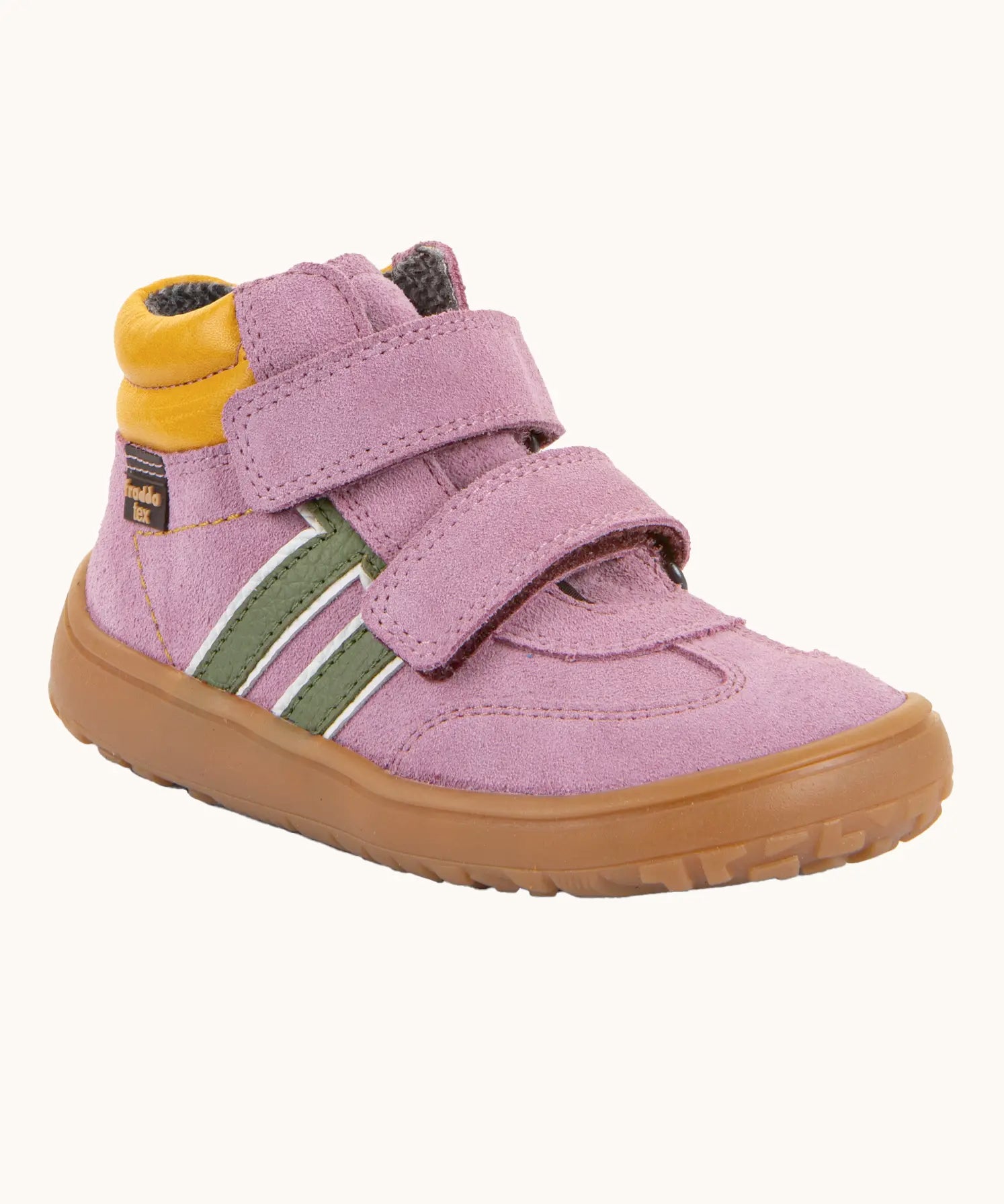 Froddo’s Barefoot Kids F-Motion TEX suede shoes in pink. Features a yellow padded ankle, two Velcro straps, green side stripes and brown rubber sole
