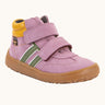 Froddo’s Barefoot Kids F-Motion TEX suede shoes in pink. Features a yellow padded ankle, two Velcro straps, green side stripes and brown rubber sole