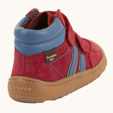 Back of Froddo’s Barefoot Kids F-Motion TEX suede shoes in red showing  the blue padded ankle matching side stripes and brown rubber sole