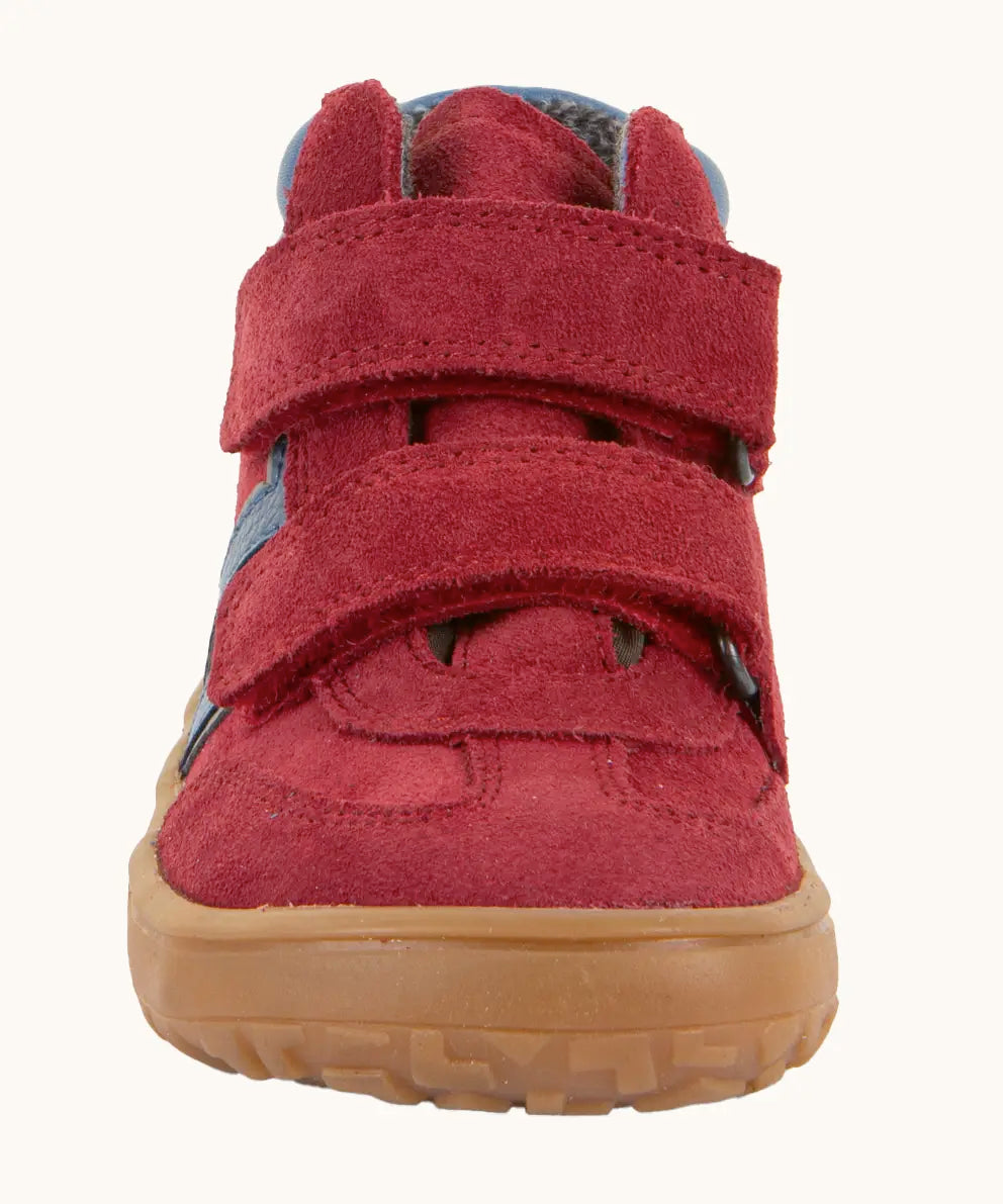 Front of Froddo’s Barefoot Kids F-Motion TEX suede shoes in red showing the 2 velcro straps fully fastened