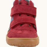 Front of Froddo’s Barefoot Kids F-Motion TEX suede shoes in red showing the 2 velcro straps fully fastened