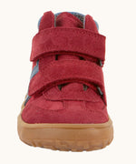 Front of Froddo’s Barefoot Kids F-Motion TEX suede shoes in red showing the 2 velcro straps fully fastened