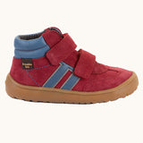 Side of Froddo’s Barefoot Kids F-Motion TEX Shoes in red showing the blue padded ankle matching stripes design and brown rubber sole