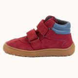 Side of Froddo’s Barefoot Kids F-Motion TEX Shoes in red showing the two Velcro straps looped trough the eyelets and padded ankle detail