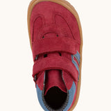 Top of Froddo’s Barefoot Kids F-Motion TEX water repellent suede Shoes in red showing the two Velcro straps fastened and blue padded ankle 