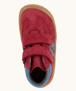 Top of Froddo’s Barefoot Kids F-Motion TEX water repellent suede Shoes in red showing the two Velcro straps fastened and blue padded ankle 