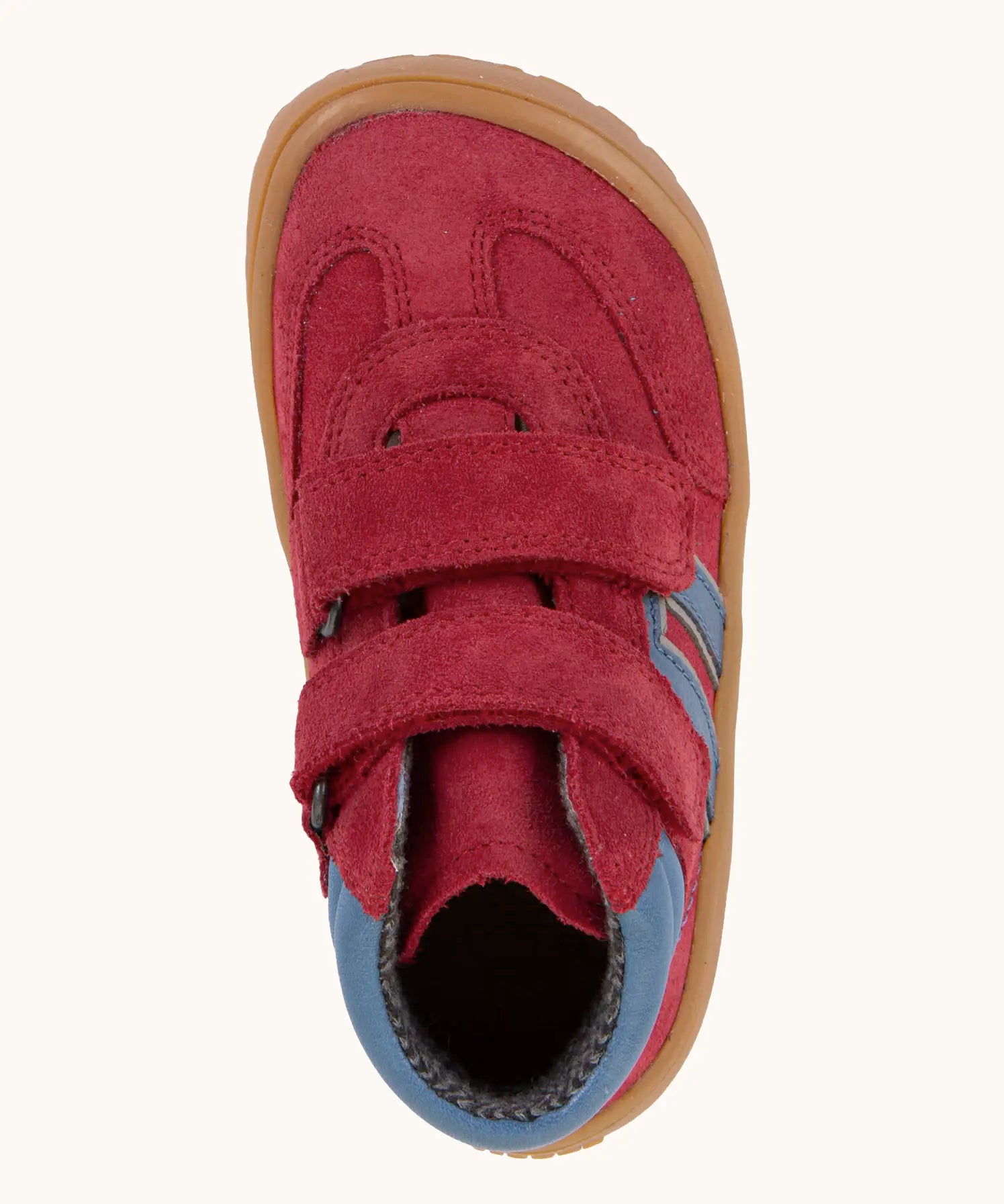 Top of Froddo’s Barefoot Kids F-Motion TEX water repellent suede Shoes in red showing the two Velcro straps fastened and blue padded ankle 
