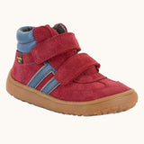 Froddo’s Barefoot Kids F-Motion TEX suede shoes in red. Features a blue padded ankle, two Velcro straps, blue side stripe and brown rubber sole