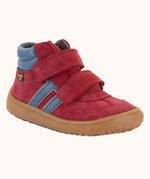 Froddo’s Barefoot Kids F-Motion TEX suede shoes in red. Features a blue padded ankle, two Velcro straps, blue side stripe and brown rubber sole