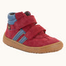 Froddo’s Barefoot Kids F-Motion TEX suede shoes in red. Features a blue padded ankle, two Velcro straps, blue side stripe and brown rubber sole